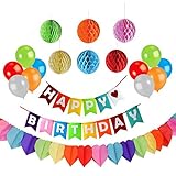 G2PLUS Happy Birthday Felt Frabic Party Decoration with A Hanging Happy Birthday Banner, 6 Colorful Tissue Pom Pom Balls, 10 Assorted Latex Balloons, A Rainbow Heart Shape Paper Garland