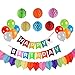 Happy Birthday Party Decoration with A Hanging Happy Birthday Banner, 6 Colorful Tissue Pom Pom Balls, 10 Assorted Latex Balloons, A Rainbow Heart Shape Paper Garland