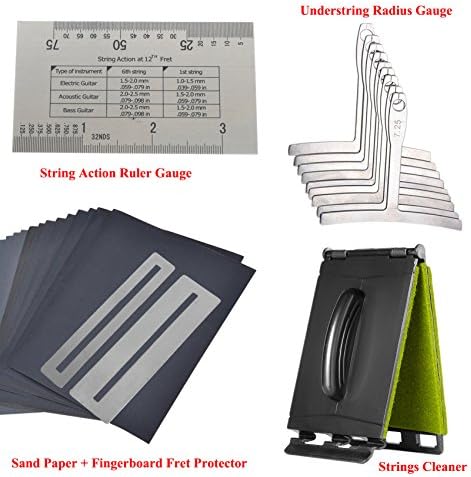 oneflysky Premium Luthier Tools Repair Kit for Guitar Bass, String Action Ruler Gauge Tool, 9 Understring Fretboard Radius Gauge, 2 Fingerboard Fret Protector Guards,9 Sand Papers, Strings Cleaner
