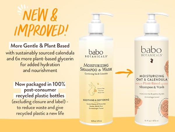 BABO BOTANICALS MOISTURIZING OAT & CALENDULA 2-IN-1 SHAMPOO & WASH – FOR DRY OR SENSITIVE SKIN – FOR ALL AGES – LIGHTLY SCENTED – VEGAN – 16 FL OZ