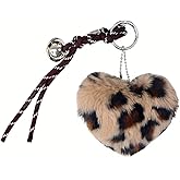 Heart Brown Leopard Bag Charms for Women Girls Purse Rope Charm Fluzzy Backpack Accessories Cheetah Print Plush Bag Charm Keychain for Handbag Accessories Plush Heart Keychain With Braided Cord Bell