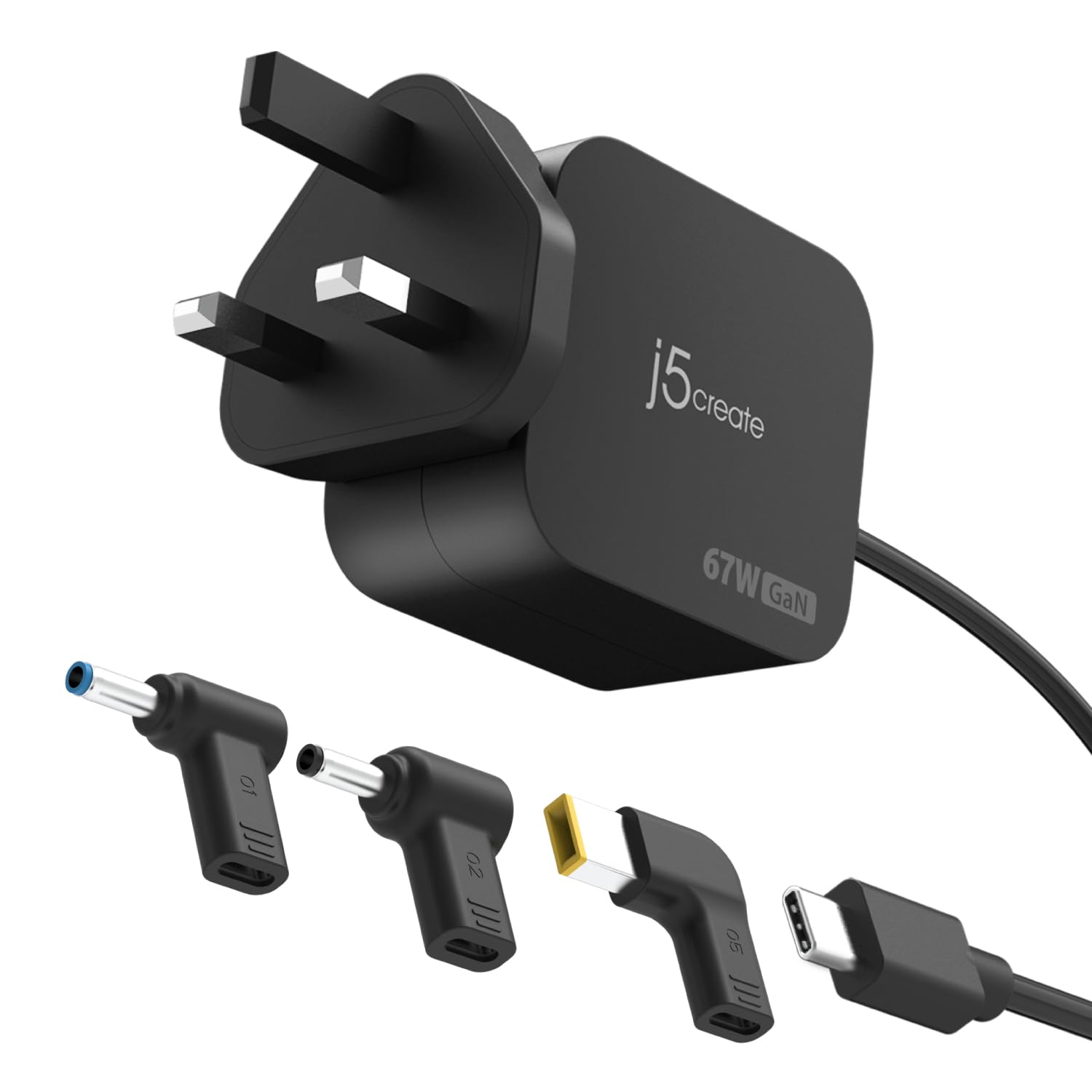 j5create 67W GaN PD USB-C Mini Charger with Interchangeable DC Connectors, Suitable for USB-C PD Powered Laptops and the DC powered laptops including Lenovo, Dell, and HP (JUP1565DCF3A)