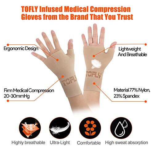 TOFLY Compression Arthritis Gloves, 1 Pair, Thumb & Wrist Support for Men Women, 20-30mmHg Compression Wrist Sleeve for Carpal Tunnel, Wrist Pain & Fatigue, RSI, Tendonitis, Sports, Daily Use, Beige S - Thumbnail 3