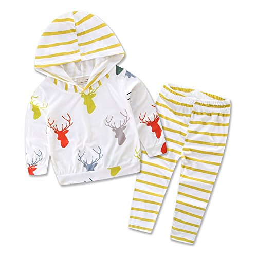 OWIKAR Baby Girls Deer Print Long Sleeve Hoodie Sweatshirt With Hat and Stripe Long Pants