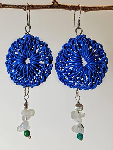 Blue Leather Rosette Earrings on Titanium Hoops with Moonstones, Chrysoprase & Brushed Sterling on Sterling Silver Earwires - 100% Handmade