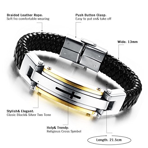 Cupimatch Men's Solid Stainless Steel Braided Religious Cross Leather Bracelet, 8.5” - Thumbnail 3