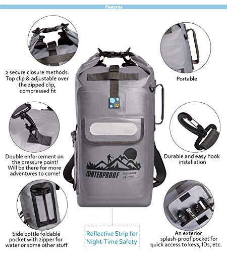 IDRYBAG Dry Bag Waterproof Backpack Floating 20L Roll Top Compression Sack Keeps Gear Dry for Kayaking, Beach, Rafting, Swimming, Boating, Hiking, Camping,Fishing,Canoeing - Gray