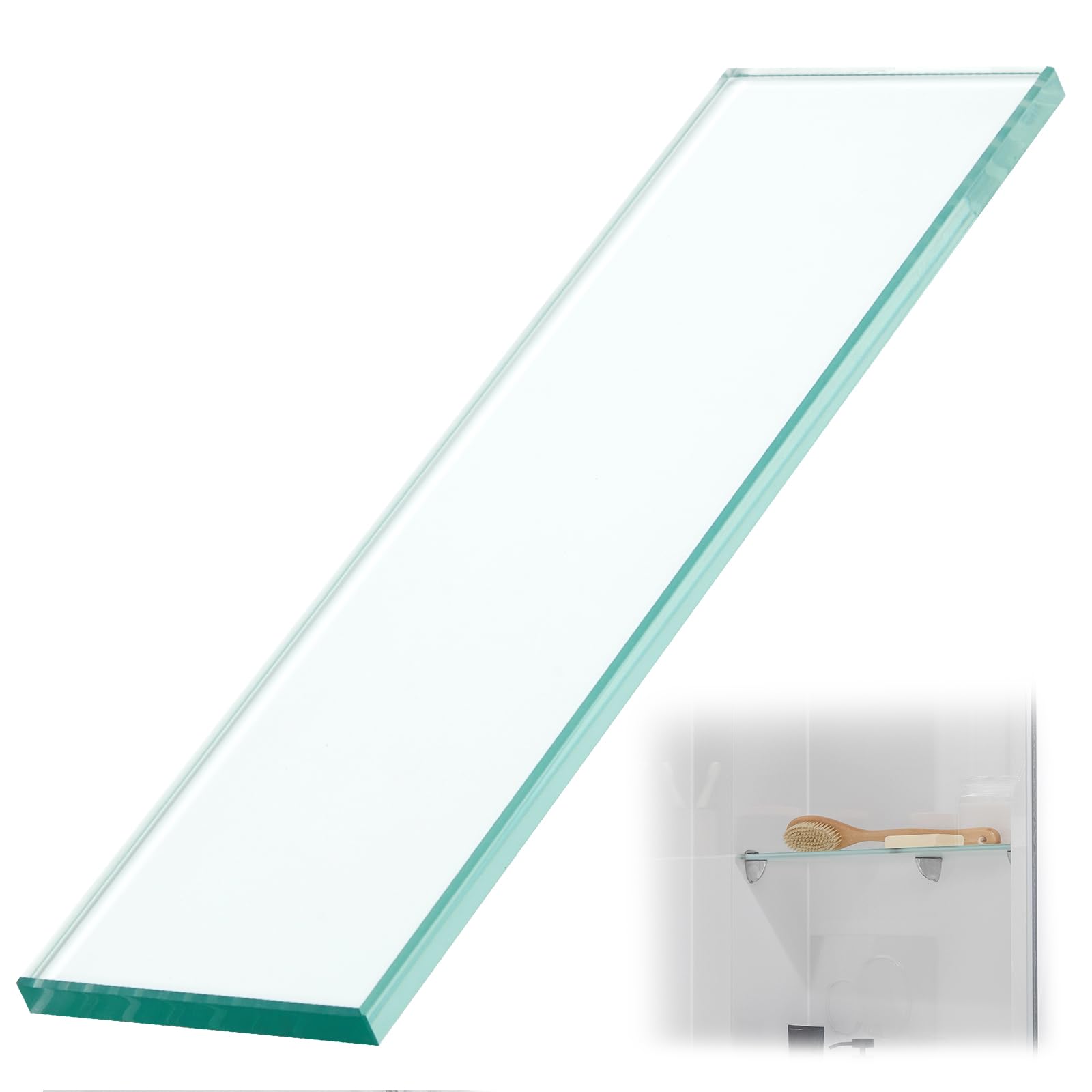 Photo 1 of Teenyyou 1 Pcs 3-3/8" x 12" 3/8" Glass Shelf for Shower Niche, Tempered Glass Shelf Floating Shelves for Bathroom Essentials DIY Storage Decoration, Easy Install Support Plate