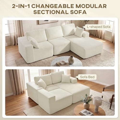 HOMCOM 105" L-Shaped Modular Sectional Sofa, Boneless Cloud Couch with Deep Seat, Wide Armrests, Pillows, 2-in-1 Corduroy Sofa Bed for Living Room, No Assembly Required, Cream