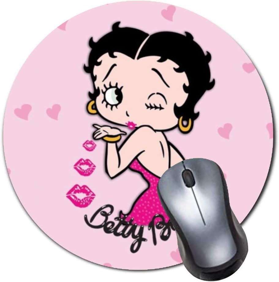 Computer Gaming Mouse Pad Non-Slip Rubber Material Round Mouse Mat for Office and Home Laptop Desktop Mousepad (8 Inch) - Betty boop Pink Heart kiss Lip