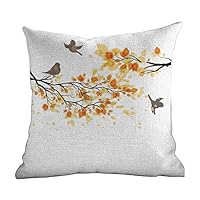 Matt Flowe Custom Throw Pillow Cover Fall,Branch with Pale Fall Leaves and Birds Natural Change in Season Summertime Print,Yellow Cream,Decorative Home Zippered Custom Throw Pillow 14"X14"Inch