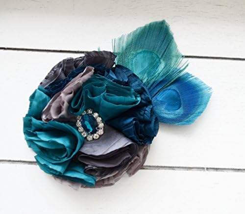 Handcrafted Peacock Feather Hair Clip - Grey Teal and Turquoise Accessory - Vintage Style Fascinator - 1920s French Barrette - Alligator Bow