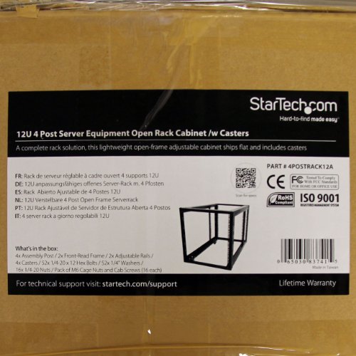 4-Post Server Equipment Open Frame Rack Cabinet with Adjustable Posts & Casters - 12U