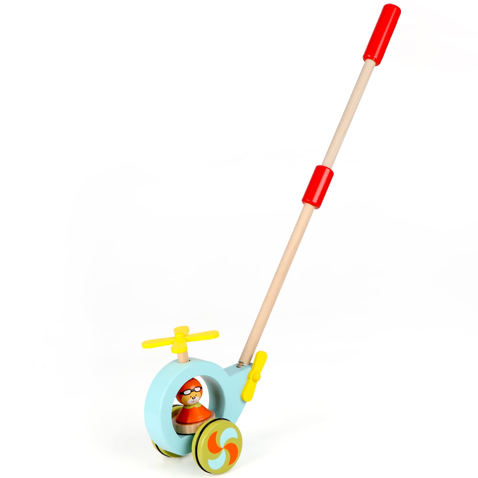 Jacootoys Helicopter Push and Pull Along Wooden Baby Toddler Walking Toy with Detachable Stick 24 Inch