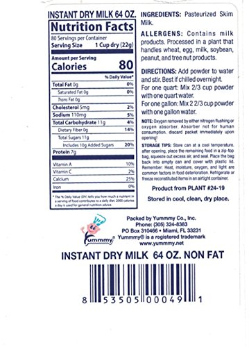 Yummmy Instant Dry Milk 4 Lbs (64 Oz.), Low Fat, Make 20 Quarts, (5 Gallons) Kosher and Halal Certified, Made in USA