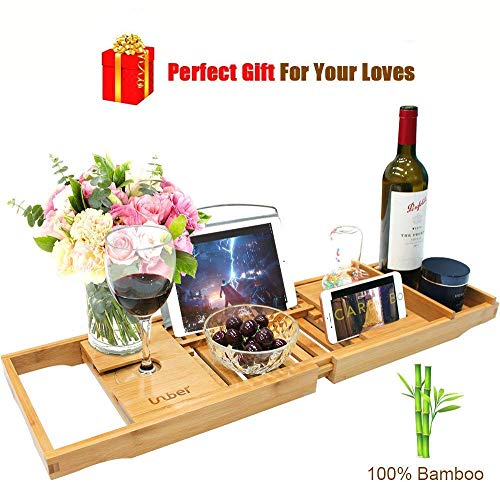 Bathtub Caddy Tray Bath Table with Extending Sides, Bamboo Bath Tub Trays Tablet with Wine and Book Holder , Cell phone Tray and Wine Glass Holder - Thumbnail 6