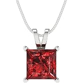 Clara Pucci 14K White Gold Plated Solitaire 18" Box-Chain Necklace - Sterling Silver 2ct Princess Cut Garnet Pendant