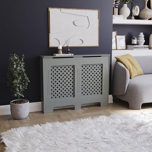 Vida Designs Oxford Radiator Cover Olive Grey - Medium - Traditional Cross Pattern Design For Optimal Heat Circulation - H82xW111xD19cm - Painted MDF Cabinet Ideal For Living Room & Hallway
