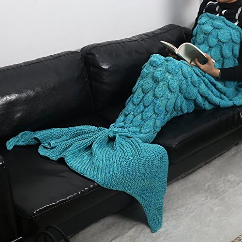 Mermaid Tail Blanket Rug Scales Pattern Sleeping Bag Handmade Wave Crochet Knitting Soft Warm for Adult Teens Kids Living Room Bedroom Sofa All Seasons (71''ⅹ35.5''(adult), cyan B)