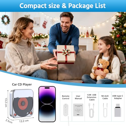 Car CD Player, CD Player for Car with USB Port and AUX Interface, External Car CD Player Compatible with Android Car Radio, External CD Drive with USB to Type-C Port
