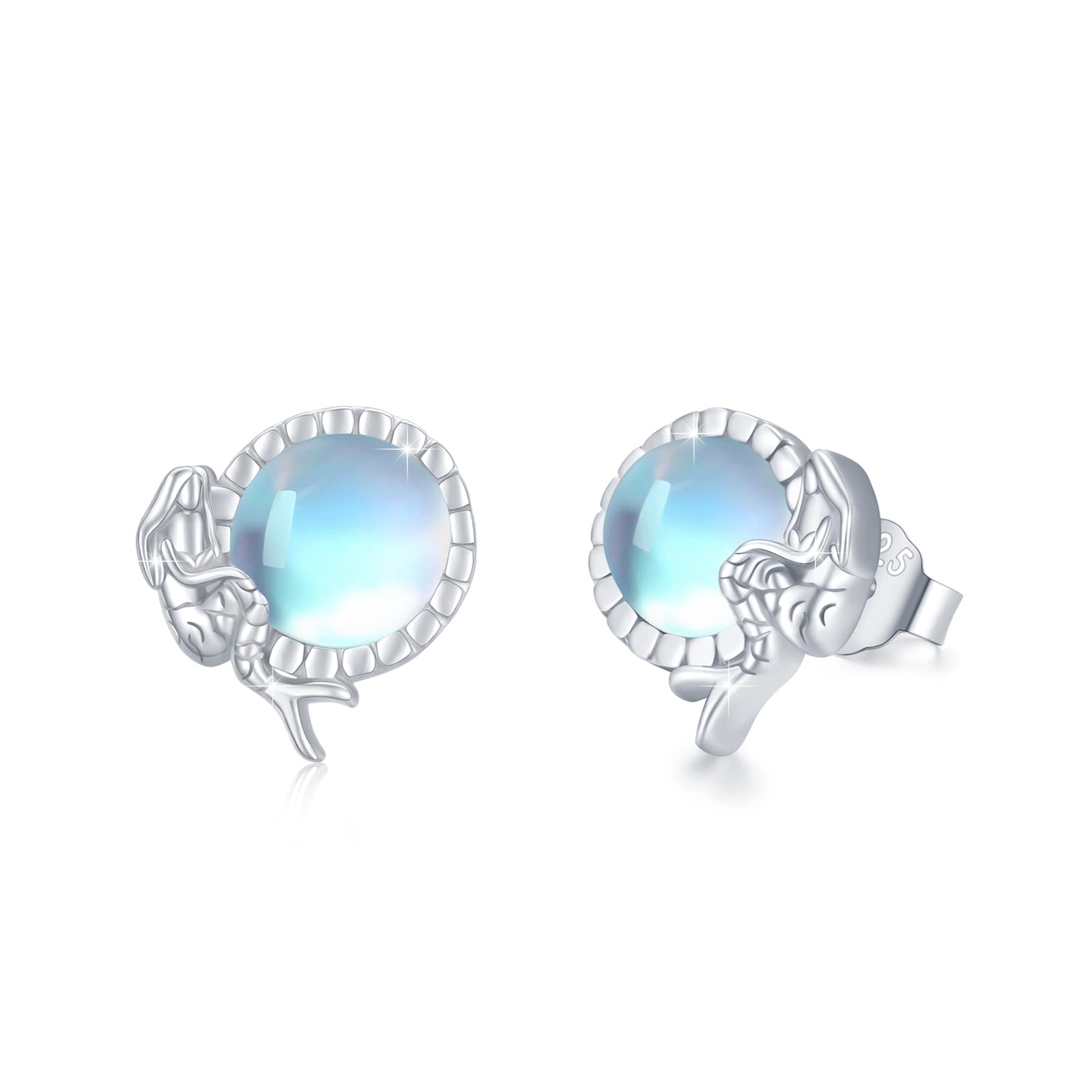Moonstone Earrings 925 Sterling Silver Mermaid Stud Earrings with Round Moonstone Stud Earrings Hypoallergenic Mermaid Jewellery for Women Girls