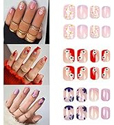 YOSOMK 3Packs (72 Pcs) Florets Press on Nails Short Square Nude Fake Nails Glossy Cute Summer Sti...