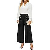 YSYOKOW Womens Elastic High Waisted Wide Leg Pants Loose Casual Long Palazzo Trousers with Button Decor and Pockets