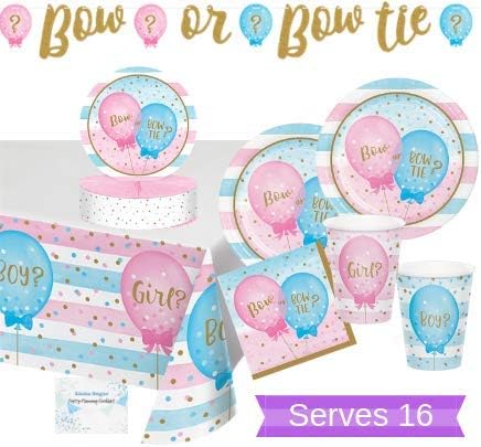 Baby Gender Reveal Party Supplies and Decorations - Gender Reveal Plates Cups Napkins for 16 People - Includes Banner, Tablecloth and Centerpiece - Perfect Gender Reveal Decorations for Baby Shower!