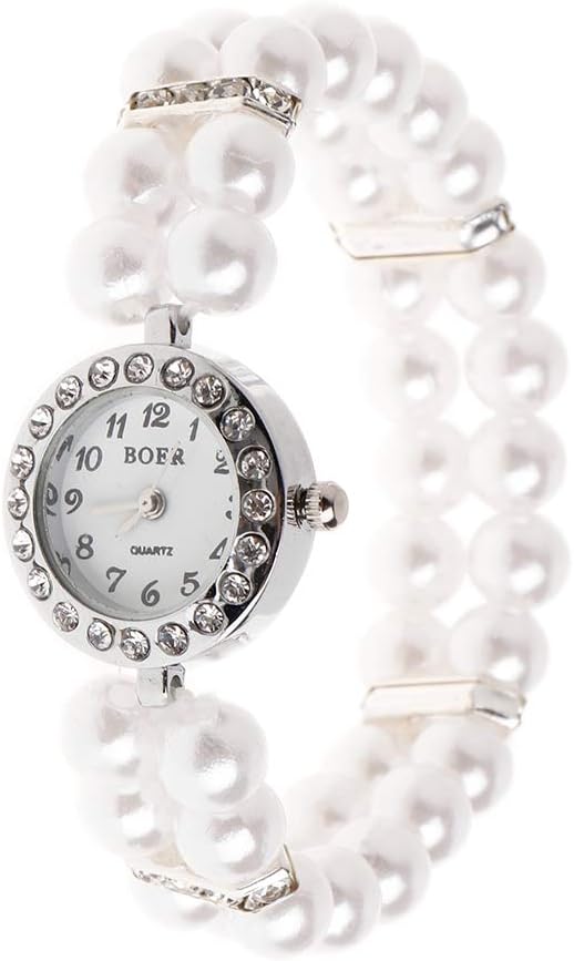 DDlong Women Watch Simulated Pearl Rhinestone Luxury Fashion Elegant Wrist Band Bracelet Jewelry Gifts Lady Elastic Universal Charms Decoration
