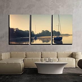 3 Piece Canvas Wall Art - Little Sailing Boats Reflect in The Serene Water During Sunrise. - Modern Home Art Stretched and Framed Ready to Hang - 16"x24"x3 Panels