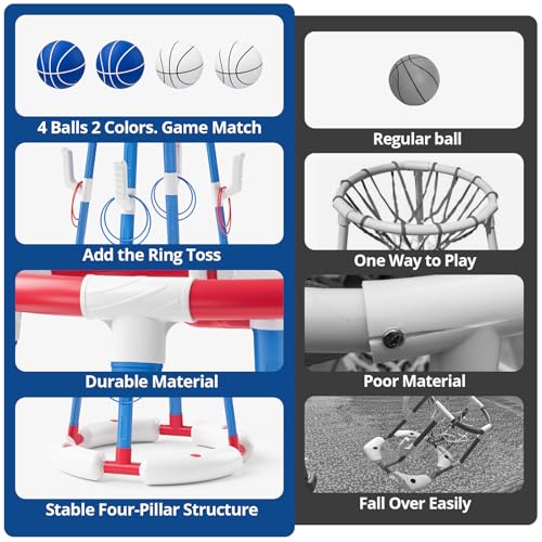 2 in 1 Pool Basketball Hoop Set with Backboard & Ring Toss Game, Floating Water Basketball Game with 4 Balls, 8 Rings & Pump, Summer Outdoor Swimming Pool Toys Gifts for Adults Kids Teens, Red