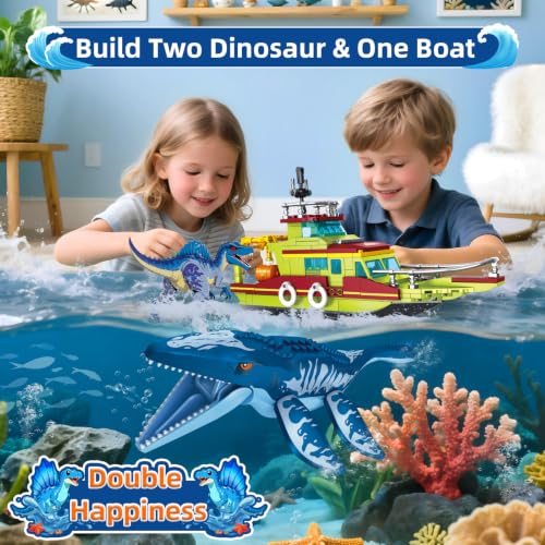 3-in-1 Construction Set Ocean Explorer Dinosaurs Compatible with Park World Dinosaur, Boat & Mosasaurus Spinosaurus Dinosaurs with Jointed Joints, Toys Male Child 6-12 Years