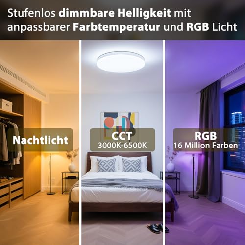 LED Ceiling Light Dimmable 24 W Diameter 30 cm - Ceiling Light RGB & CCT 3000 K - 6500 K - Compatible with App Control, Remote Control, Timer, IP54 Waterproof, Night Light, Ideal for Bedroom, Living Room, Kitchen