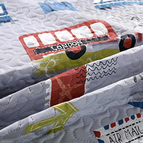 3-Piece Kid\'s Cartoon Public Transportations Quilted Bedspread Coverlet Twin(86x68 Inches),Car,Tax,Bus,Subway Printed Lightweight Quilt Set,Reversible Bedding Set for Boys Girls Children (Twin,Yellow)