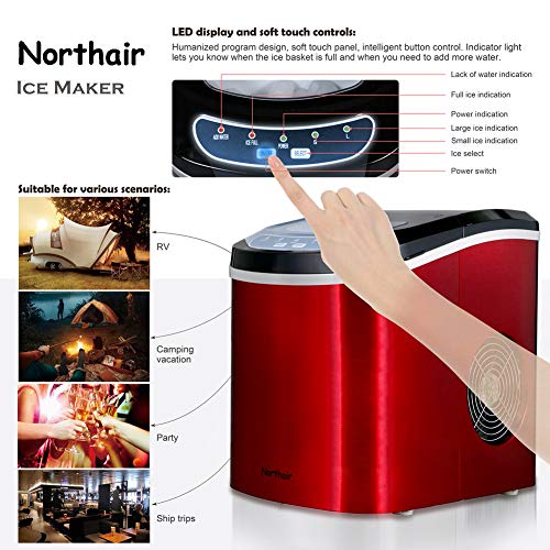 Northair Countertop Ice Maker Machine with 26lbs Daily Capacity, Stainless Steel Ice Cube Makers for RVs, Boats, Kitchens, Bars HZB-12/SA (Red) - Thumbnail 5