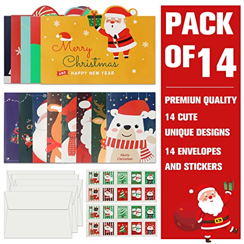 Sazfli Christmas Cards Set - 14 Pack, Merry Christmas Greetings Cards, Xmas Gifts Cards with Envelopes, Size 4 x 5.5 Inch and 3.4 x 5 Inches