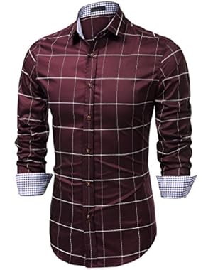 Men's Cotton Long Sleeve Plaid Button Down Shirts Slim Fit Dress Shirt