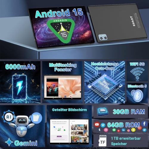 2026 Tablet Android 15 Octa Core Tablets 10 Zoll mit 64 GB ROM + 2 TB TF | 5G + 2,4G WiFi|Bluetooth 5.0 |8 MP + 5 MP | Typ C,Touchscreen-Tablet mit Hülle, Tastatur und Maus-Tiefschwarz