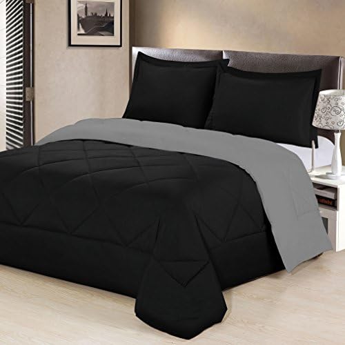 Aurora Bedding  3 Piece Reversible Luxurious Brushed Microfiber Goose Down Alternative Comforter Set with pillow Shams, Full/Queen, Black/Gray