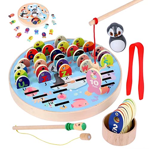 WODI Fishing Game Wooden Magnetic Toy for Preschool Educational, Alphabet Fish Sorting Puzzle, Fine Motor Skill Counting Games,Montessori Letters Cognition Gift for Kid Over 3 Years Old