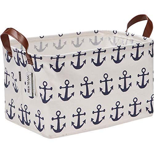 Sea-Team-Large-Size-Canvas-Storage-Bin-Collapsible-Shelf-Basket-Toy-Organizer-with-Nautical-Anchor-Pattern-165-by-118-inches-Navy-Blue 51UBrenW5mL