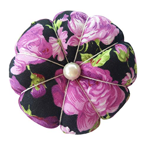 Purple Floral Flower On Black Wrist Pin Needle Cushion Adjustable Elastic Band Pincushion Wearable Cute Small Size Pumpkin Pins Needles Pincushions Holder Safety with Elastic Band for Sewing Crafting - Thumbnail 4