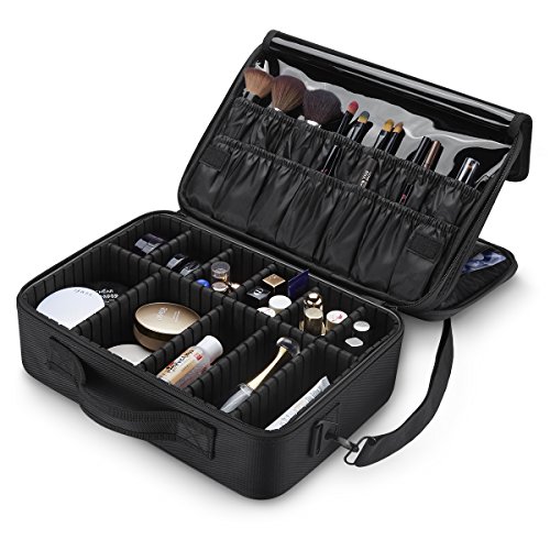 Makeup Bag, 15 Inch Portable Makeup Travel Bag with Adjustable Dividers for Cosmetics Makeup Brushes Toiletry Jewelry Digital Accessories (Black)