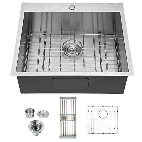 Logmey 25x22 Inch Kitchen Sink Drop-in Topmount 18 Gauge Single Bowl Stainless Steel Bar Sinks
