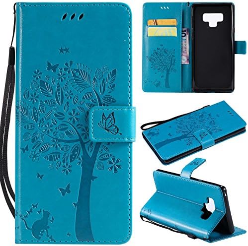 Galaxy Note 9 Case, Lacass Luxury PU Leather Flip Pouch Wallet Case Cover with Card Slots and Wrist Strap for Samsung Galaxy Note 9 (2018) (blue)