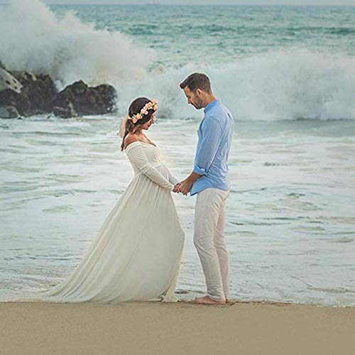 Maternity Off Shoulders Half Circle Gown for Baby Shower Photo Props Dress,V Neck Long Sleeve Maxi Photography Dress (Off Shoulder White, L)