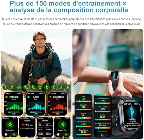 Montre Connectée Homme avec ECG+HRV, 2.0" AI-GPT Smartwatch avec Torche LED