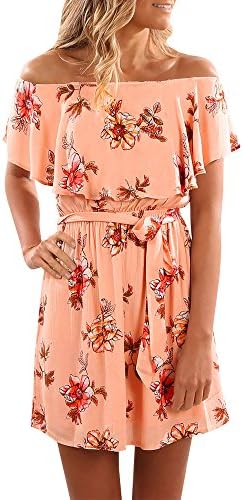GAMISOTE Women's Floral Print Red Dress Sexy Off Shoulder Layer Ruffle Mini Dress (X-Large, Pink)