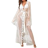 NewBull Women's See Through Lace Robe Sexy Sheer Maxi Kimono Mesh Satin Belted Chemise Babydoll Lingerie Nightgown Cover Up