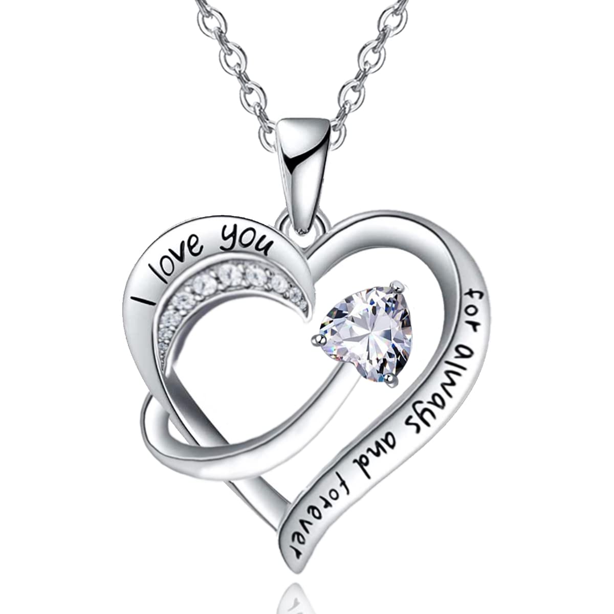 Emma Manor EM Love Heart Pendant Necklace for Women 18k White Gold Plated 5A Cubic Zirconia Engraved I Love You Jewellery Gift for Girls Wife (Clear)